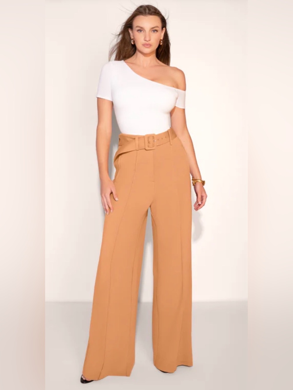 TA3 Viral Wide Leg Pants Sculpting High Rise StretchyTrouser Tan Size S no belt